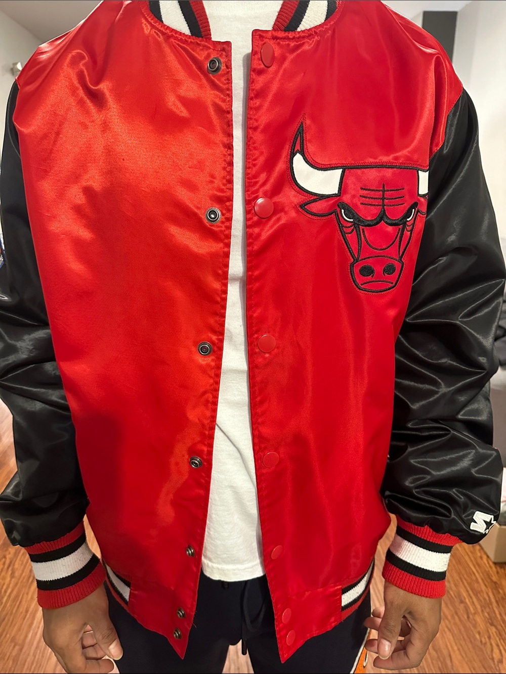 STARTER Red and Black Chicago Bulls Satin Varsity Jacket